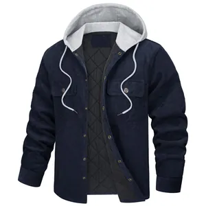 Men's navy corduroy hooded jacket with quilted lining and multi-pockets