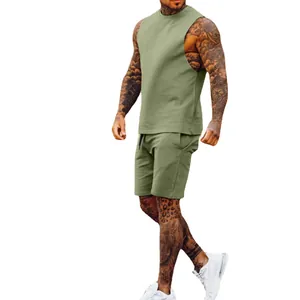 Men's olive green casual sports set with sleeveless vest and drawstring shorts