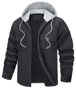 Detailed view of men's hooded corduroy jacket with quilted lining and metal buttons