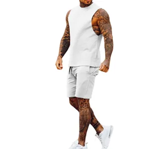 Men's two-piece white casual sports set with sleeveless tank top and matching shorts