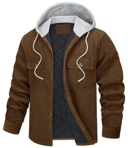 Close-up front view of a brown corduroy men's hooded jacket with warm quilted lining