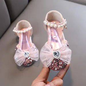 Rosa glitzernde Prinzessinnenschuhe für Mädchen mit Schleife und Perle
