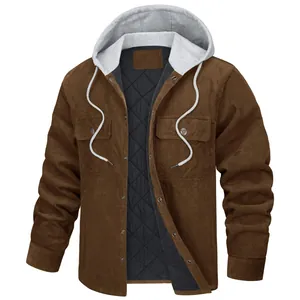 Men Corduroy Hooded Padded Jacket Winter Thick Warm Quilted Coat Multi-pocket Workwear Style Outerwear Top For Men