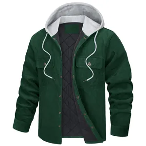 Men's dark green corduroy hooded jacket with warm quilted lining and multi-pockets.