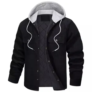 Men's black hooded corduroy padded jacket with multi-pockets and quilted lining