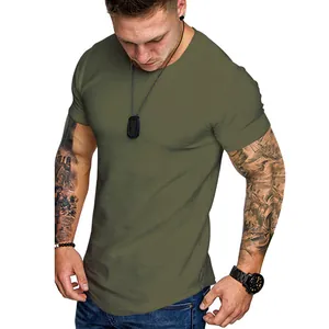 Close-up of olive green slim fit men's T-shirt with curved hem design