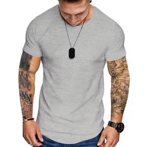 Close-up detail of a men's athletic slim-fit crew neck T-shirt in light grey melange