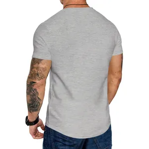 Rear view of a men's slim-fit grey crew neck t-shirt showcasing the athletic cut and fit