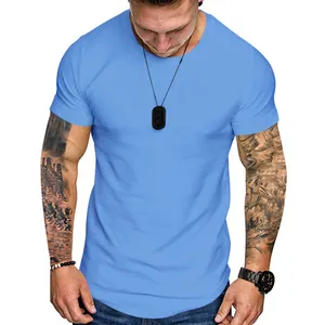Men's slim fit round neck short sleeve T-shirt in light blue for summer athletic wear