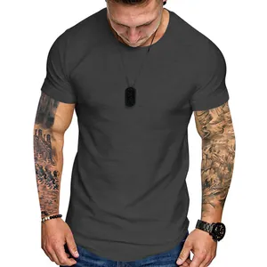 Detailed view of a men's slim fit charcoal gray short sleeve t-shirt with a classic crew neck