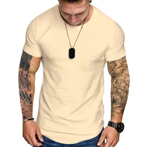 Detail view of men's slim fit round neck short sleeve summer t-shirt in beige fabric.