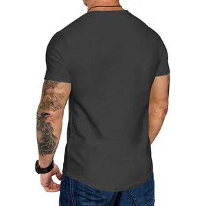 Rear view of a charcoal grey slim fit athletic t-shirt with a curved hem design