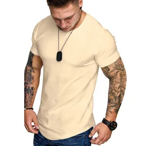 Close-up view of men's slim fit crew neck short sleeve athletic T-shirt in light beige color