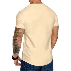 Back view of a slim-fit cream colored crew neck short-sleeved t-shirt for men