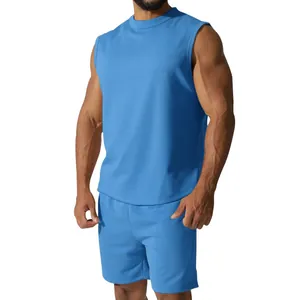 Men's summer sky blue sleeveless sports set featuring a relaxed fit muscle tank and shorts
