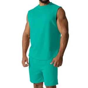 Front view of men's summer teal green sleeveless sports set featuring round neck vest and shorts