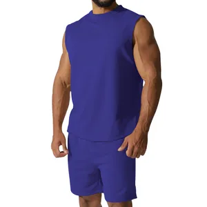 Detail view of blue sleeveless men's sports set with breathable fabric for summer