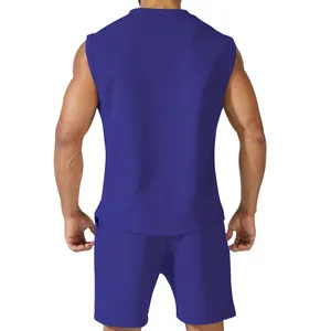 Back view of men's summer solid purple sleeveless sports set with tank top and shorts
