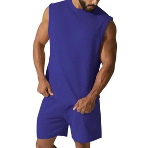Men's blue sleeveless sports set, detail view of casual summer workout outfit.