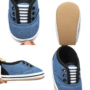 Detail view of blue denim baby first walking shoes with non-slip dotted sole for infants