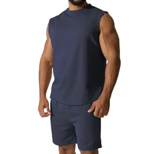 Detail view of men's navy blue sleeveless athletic set featuring top and shorts