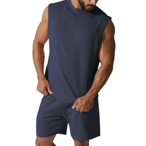 Close-up view of a men's navy blue sleeveless athletic set worn by a fit male model