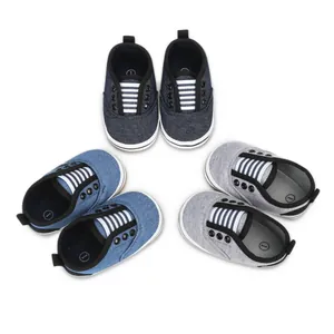 Detailed view of soft-soled baby walking shoes in three colors with striped design