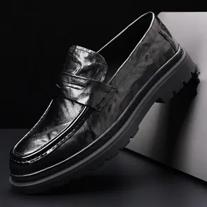 Men Sheepskin Leather Loafers With Horsebit Buckle Business Casual Slip On Thick Sole Breathable Formal Dress Shoes