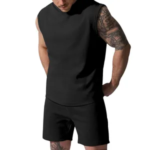 Full view of men's casual black sleeveless sports set including vest and matching shorts