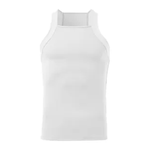 Detailed macro view of white ribbed men's tank top featuring square neck and tight fit design