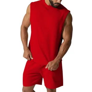 Close-up detail view of men's solid red sleeveless sports set including tank top and shorts