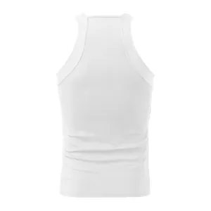 Back view detail of men's white ribbed tank top with racerback design and tight fit.