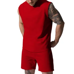 Detailed view of men's red sleeveless sports suit with matching shorts for summer.