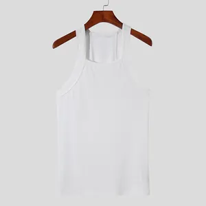 Detailed view of white ribbed square neck slim fit tank top for men