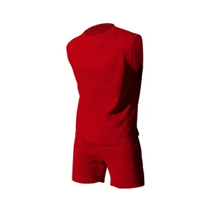 Red men's sleeveless sports two-piece set featuring a round neck top and casual shorts