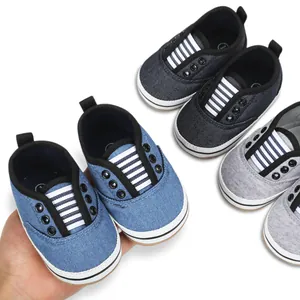 Infant Baby First Walker Shoes Soft Non-Slip Sole Canvas Denim Stripes Breathable Casual Crib Shoes For 0-12 Months Toddler Boys