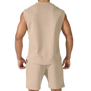 Rear view of men's sleeveless khaki sports set made of thin and breathable fabric