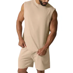 Close-up detail of men's summer sleeveless khaki sports set showing fabric texture and fit