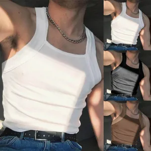 Men Sexy Slim Fit Tank Top Ribbed Knitted Square Neck Sleeveless Undershirt Wide Strap Polyester Vest Solid Color Body Shaper