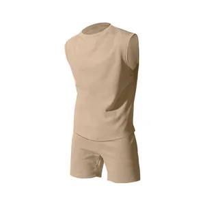 Men's two-piece sleeveless sports set in solid beige color for summer casual wear