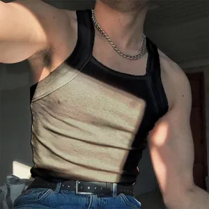 Men's sexy tight ribbed tank top with square neck design, fashion sleeveless base shirt