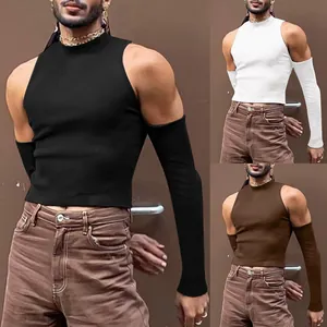 Men's high neck rib-knit top featuring stylish shoulder cut-outs and sleeves.