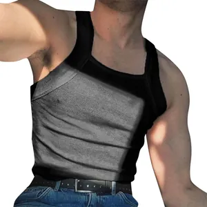 Close-up of men's slim fit black tank top showing ribbed fabric texture and square neck