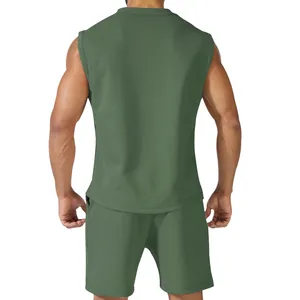 Detailed back view of men's olive green sleeveless sports vest and matching shorts.