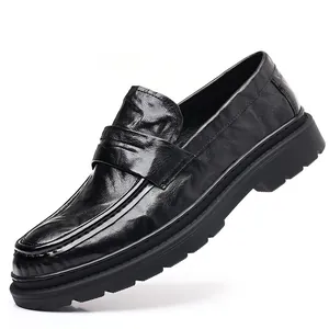 Premium black genuine leather men's loafers featuring a thick anti-slip sole for business casual wear