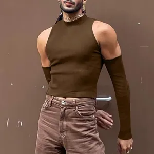 Close-up detail of men's brown mock neck ribbed top with matching detached sleeves