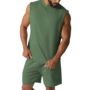 Men's olive green sleeveless athletic set featuring casual tank top and matching shorts