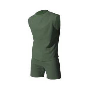 Men's olive green sleeveless two-piece leisure sports set with round neck and shorts