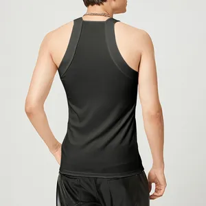 Back view detail of a men's black slim-fit tank top with wide straps and elastic fabric.