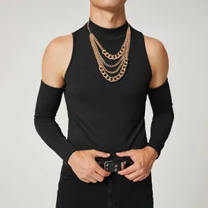 Stylish sexy men's black ribbed turtleneck t-shirt with cold shoulder cut-out detail.